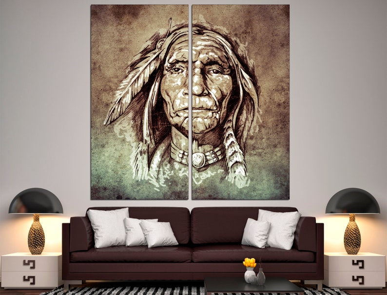 May include: Two-panel canvas art print featuring a sepia-toned sketch of a Native American man. The artwork showcases detailed facial features, a feathered headdress, and a necklace. The background has a textured, aged appearance, adding to the vintage aesthetic.