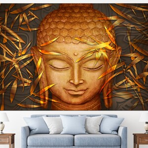May include: A golden Buddha statue with closed eyes, surrounded by gold leaf bamboo branches against a dark brown background.