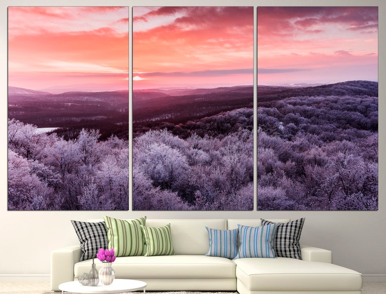 May include: A panoramic view of a snow-covered forest at sunrise. The sky is a vibrant pink and orange, with wispy clouds. The trees are covered in a layer of frost, giving them a silvery appearance.