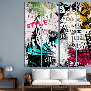 May include: A three-panel canvas print with a collage of colorful text and images. The text includes the words "Fashion", "Style", "You Are", "Dream It", "Happy Girls", "London", and "Street Fashion". The image features a woman with sunglasses and a black and white patterned dress.