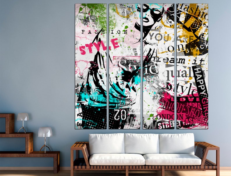 May include: A three-panel canvas print with a collage of colorful text and images. The text includes the words "Fashion", "Style", "You Are", "Dream It", "Happy Girls", "London", and "Street Fashion". The image features a woman with sunglasses and a black and white patterned dress.