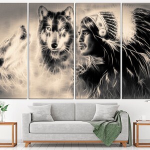 May include: A black and white digital art print of a Native American man wearing a feathered headdress and a wolf. The image is split into four panels.