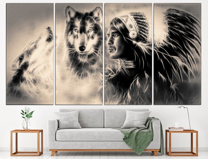 May include: A black and white digital art print of a Native American man wearing a feathered headdress and a wolf. The image is split into four panels.