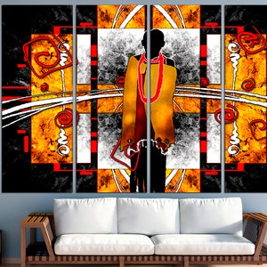 May include: Abstract wall art composed of five panels. The artwork features a silhouetted figure in the center, adorned with a yellow and red garment. The background incorporates geometric shapes in black, orange, red, and white, creating a striking visual contrast.