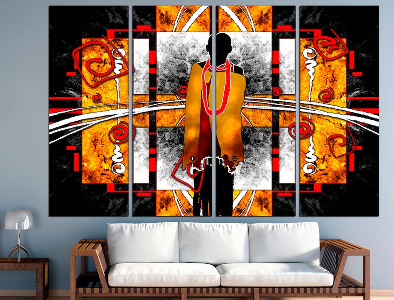 May include: Abstract wall art composed of five panels. The artwork features a silhouetted figure in the center, adorned with a yellow and red garment. The background incorporates geometric shapes in black, orange, red, and white, creating a striking visual contrast.