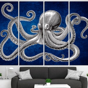 May include: A multi-panel canvas print featuring a detailed black and white illustration of an octopus with its tentacles outstretched against a deep blue background.