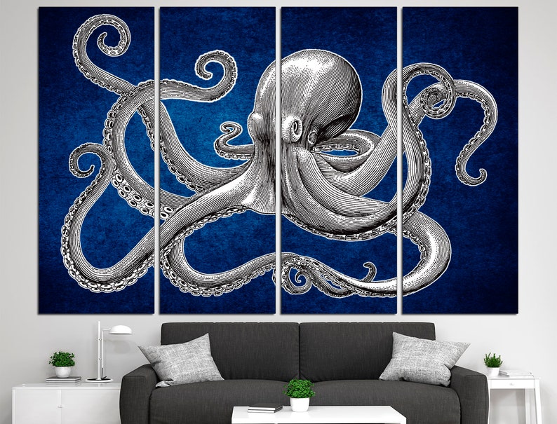 May include: A multi-panel canvas print featuring a detailed black and white illustration of an octopus with its tentacles outstretched against a deep blue background.