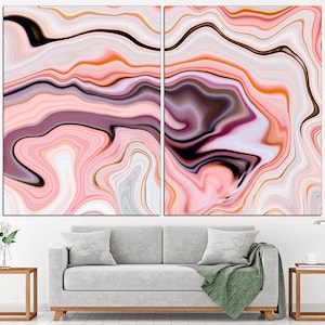May include: Abstract art print featuring a pink, orange, and white swirling marble pattern. The print is split into two panels.