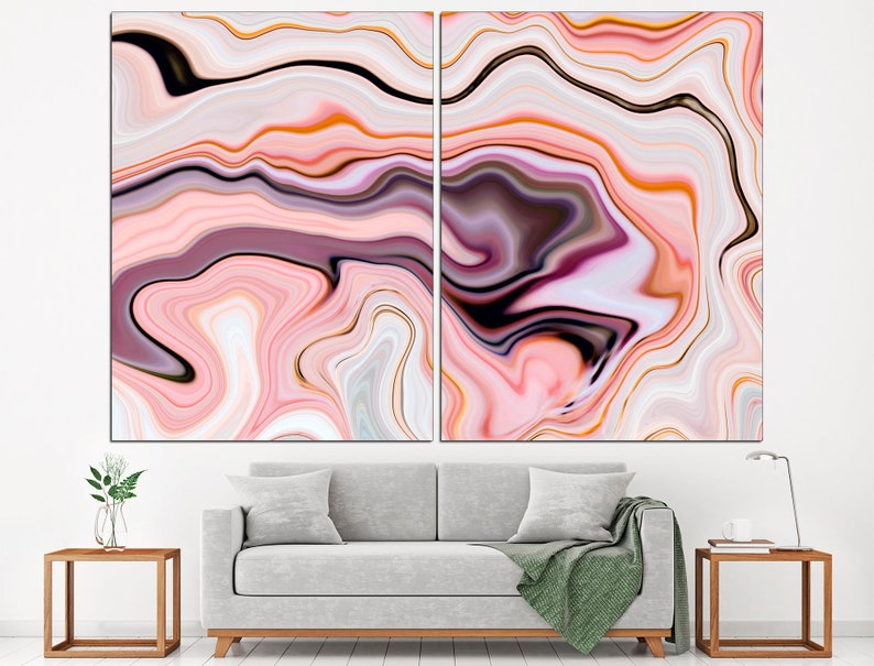 May include: Abstract art print featuring a pink, orange, and white swirling marble pattern. The print is split into two panels.