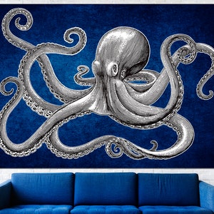 May include: A black and white illustration of an octopus with eight tentacles on a dark blue background.