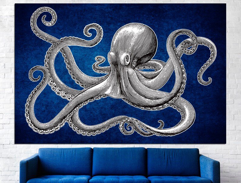 May include: A black and white illustration of an octopus with eight tentacles on a dark blue background.