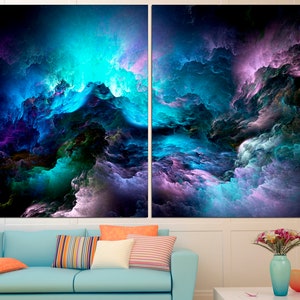 May include: Abstract art print featuring a swirling, colorful cloud formation in shades of blue, purple, and green. The clouds appear to be moving and swirling, creating a sense of energy and movement.