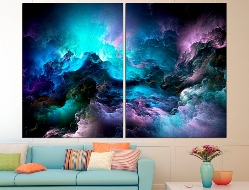 May include: Abstract art print featuring a swirling, colorful cloud formation in shades of blue, purple, and green. The clouds appear to be moving and swirling, creating a sense of energy and movement.