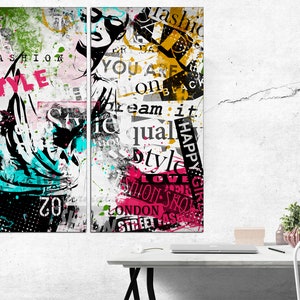 May include: A split-panel digital art print featuring a stylized woman with a bold graphic design. The print features a mix of black, white, pink, blue, and yellow colors with text that reads "Fashion Style", "You Are On Black", "Dream It", "Equal Style", "Happy Girl", "Love", "London", and "Street Fashion".