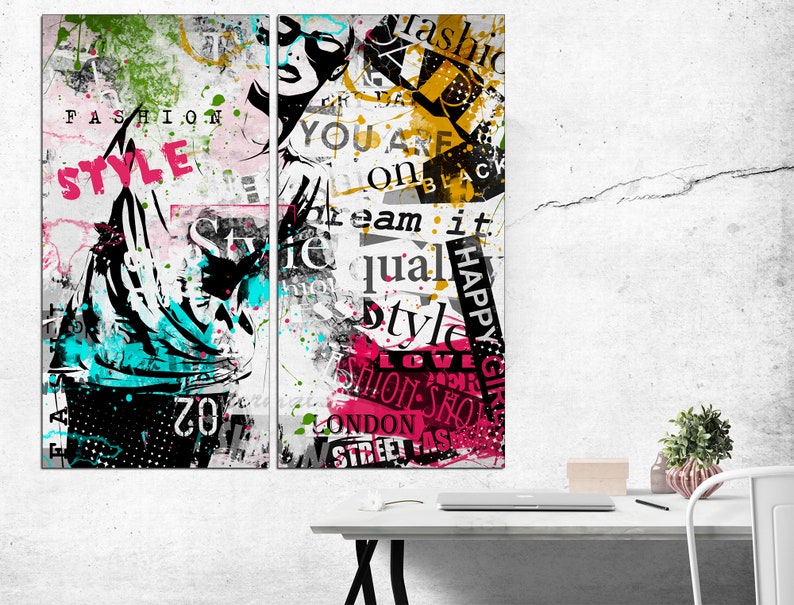 May include: A split-panel digital art print featuring a stylized woman with a bold graphic design. The print features a mix of black, white, pink, blue, and yellow colors with text that reads "Fashion Style", "You Are On Black", "Dream It", "Equal Style", "Happy Girl", "Love", "London", and "Street Fashion".