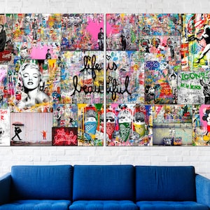 May include: A colorful collage of images and text, including a portrait of Marilyn Monroe, Mickey Mouse, and the words "Life is beautiful".