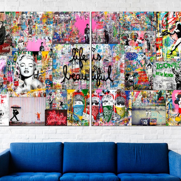 Collage wall art Street art canvas Original collage art Multi panel canvas Collage prints Graffiti canvas