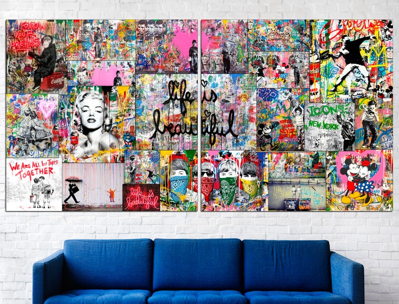 May include: A colorful collage of images and text, including a portrait of Marilyn Monroe, Mickey Mouse, and the words "Life is beautiful".