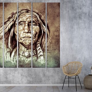 May include: A multi-panel canvas art print featuring a sepia-toned portrait of a Native American man. The artwork showcases detailed facial features, feathers, and a necklace. The background has a textured, aged appearance, with a touch of green.