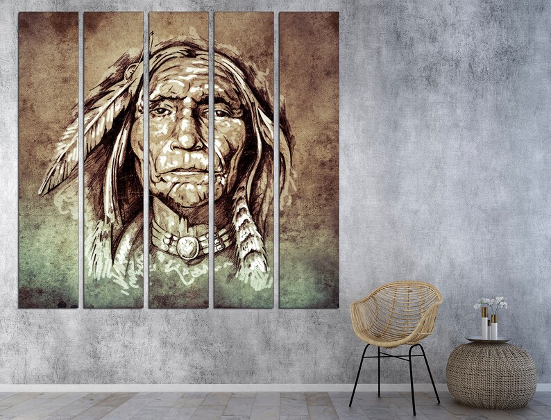 May include: A multi-panel canvas art print featuring a sepia-toned portrait of a Native American man. The artwork showcases detailed facial features, feathers, and a necklace. The background has a textured, aged appearance, with a touch of green.