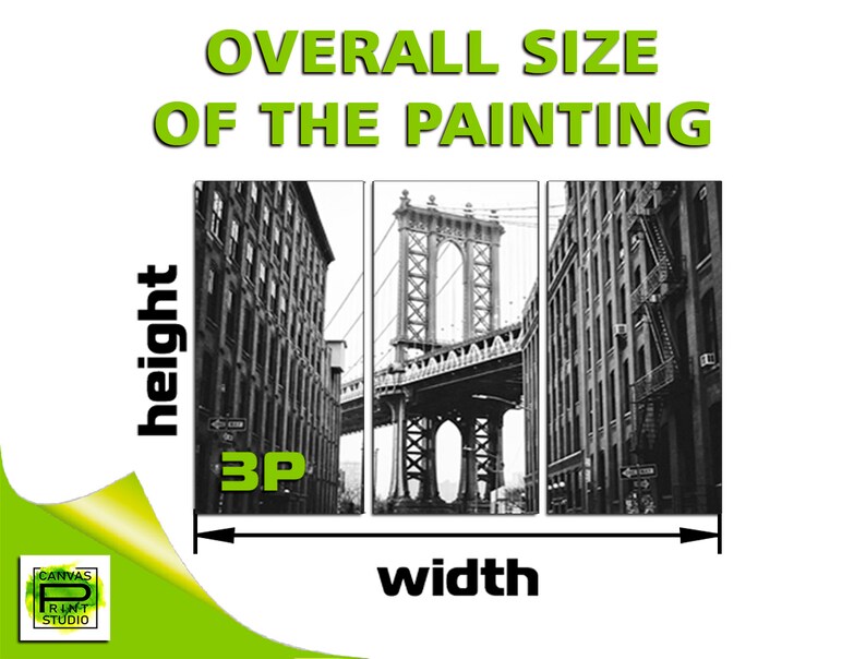 May include: Black and white triptych canvas print of the Manhattan Bridge in New York City, flanked by buildings. The text "OVERALL SIZE OF THE PAINTING" is at the top. The width and height are labeled. The Canvas Print Studio logo is in the corner.
