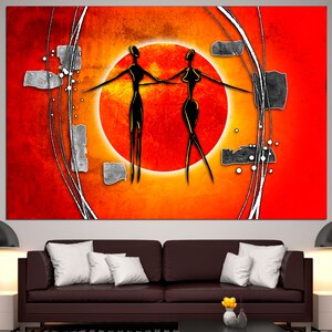 May include: Abstract painting with two figures in black silhouette holding hands in front of a large orange sun. The background is a mix of orange, red, white, and gray.