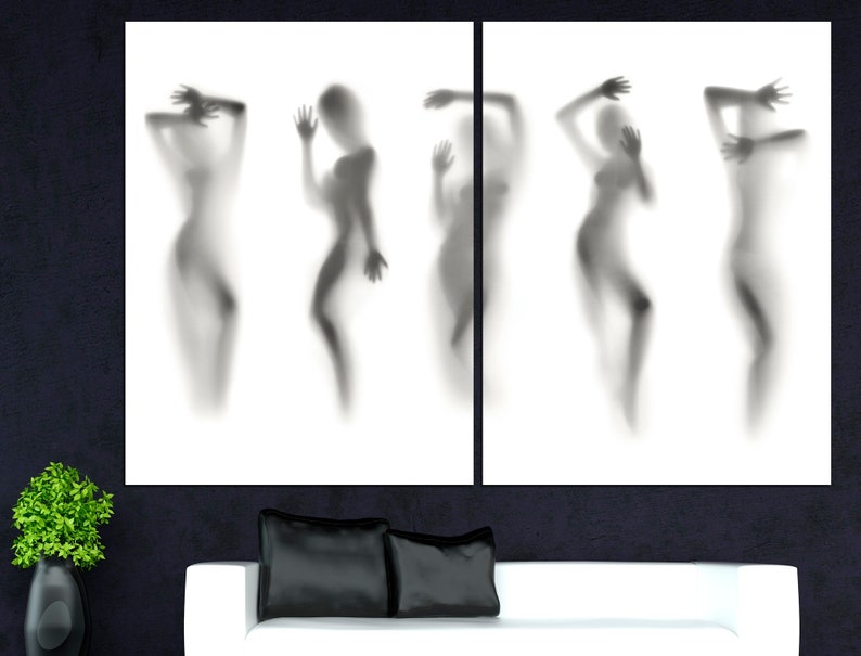 May include: A black and white abstract art print featuring five silhouettes of people in various poses. The silhouettes are blurred and appear to be behind a translucent surface.