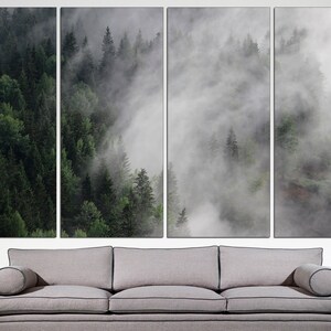 May include: A four-panel canvas print depicting a misty forest scene. The top panels show a thick layer of fog rolling over the trees, while the bottom panels show the lush green foliage of the forest.