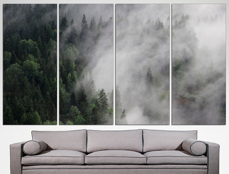 May include: A four-panel canvas print depicting a misty forest scene. The top panels show a thick layer of fog rolling over the trees, while the bottom panels show the lush green foliage of the forest.