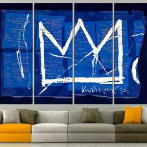 May include: A blue and white abstract art print with a large white crown in the center. The crown is surrounded by handwritten notes and lines on blue paper. The print is divided into four panels.