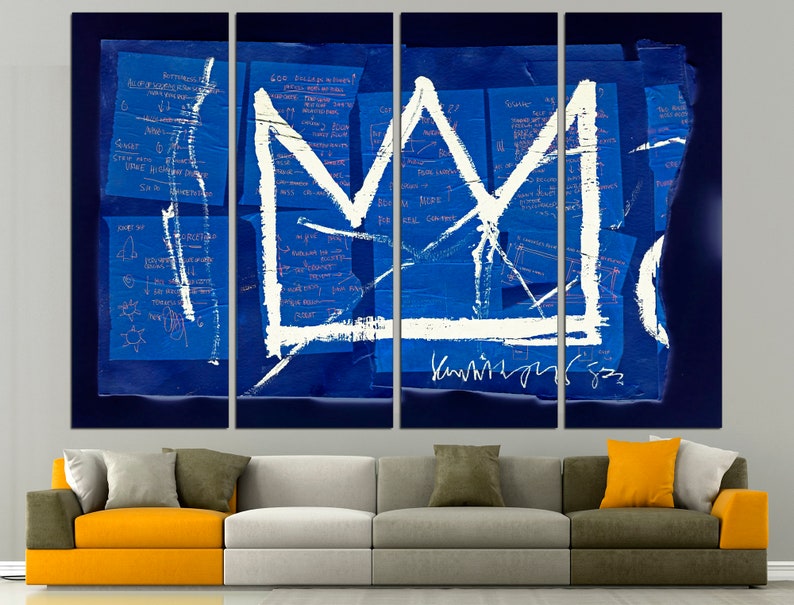 May include: A blue and white abstract art print with a large white crown in the center. The crown is surrounded by handwritten notes and lines on blue paper. The print is divided into four panels.