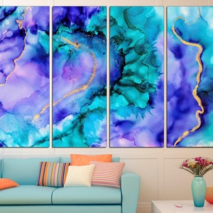 May include: Four-panel abstract art print featuring a blend of blue, teal, and purple hues with gold accents. The artwork has a fluid, watercolor-like appearance, with the colors blending and swirling together. The overall theme is modern and artistic.