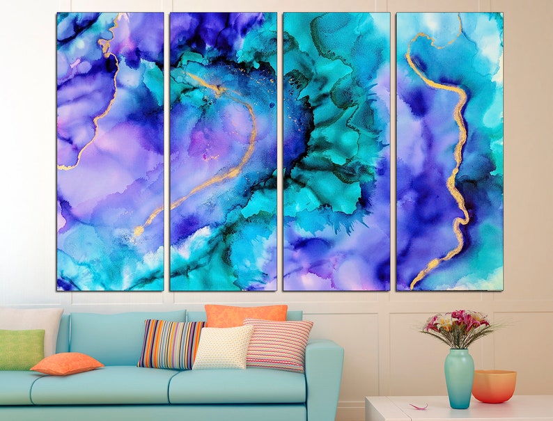 May include: Four-panel abstract art print featuring a blend of blue, teal, and purple hues with gold accents. The artwork has a fluid, watercolor-like appearance, with the colors blending and swirling together. The overall theme is modern and artistic.