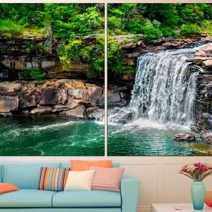 May include: A scenic photograph of a waterfall cascading over rocks into a pool of water. Lush green foliage surrounds the waterfall, creating a tranquil and natural setting.