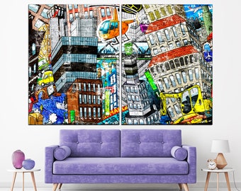 Cuadro urbano en lienzo, decoración para habitación infantil, paisaje urbano moderno.