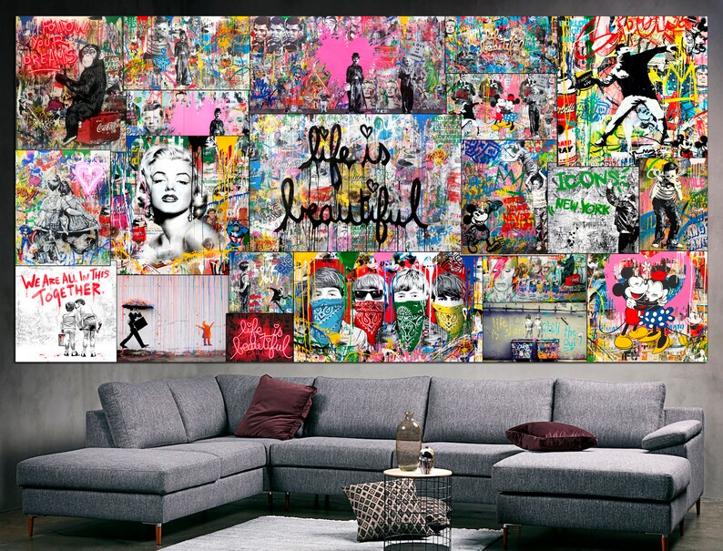 May include: A large, colorful collage of graffiti art with a variety of images, including Mickey Mouse, a woman with a heart, and the words "Life is beautiful". The collage is displayed on a wall above a gray sectional sofa.