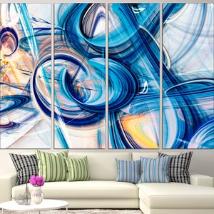 May include: Abstract art print with a multi-panel design featuring swirling blue, white, and yellow lines and shapes.