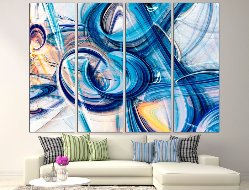 May include: Abstract art print with a multi-panel design featuring swirling blue, white, and yellow lines and shapes.
