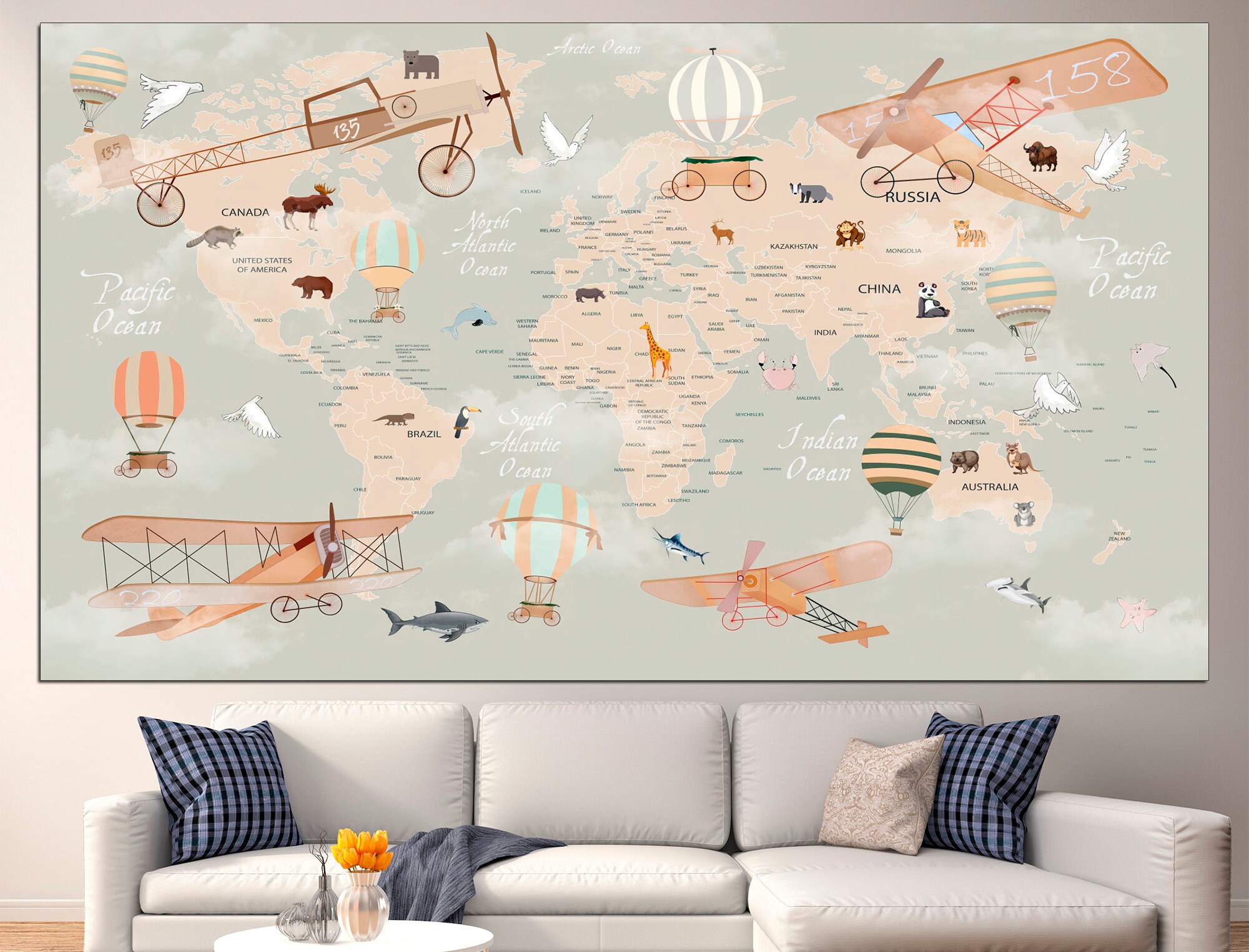 Kids World Map Canvas Wall Art Animal World Map Kids Wall Decor Large ...