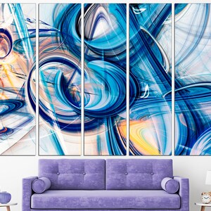 May include: Abstract art print with a multi-panel design featuring swirling blue, white, and yellow lines and shapes.