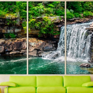 May include: A scenic landscape photograph of a waterfall cascading over rocks into a green pool of water. Lush green trees and foliage surround the waterfall. The image is split into three panels.