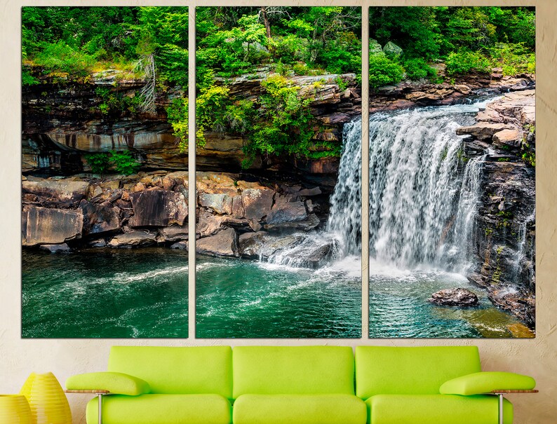 May include: A scenic landscape photograph of a waterfall cascading over rocks into a green pool of water. Lush green trees and foliage surround the waterfall. The image is split into three panels.