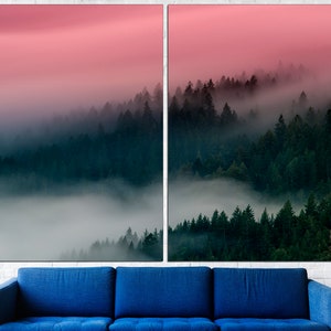 May include: A misty forest scene with a pink and purple sky at sunset. The trees are dark green and the fog is white. The image is split into two parts.