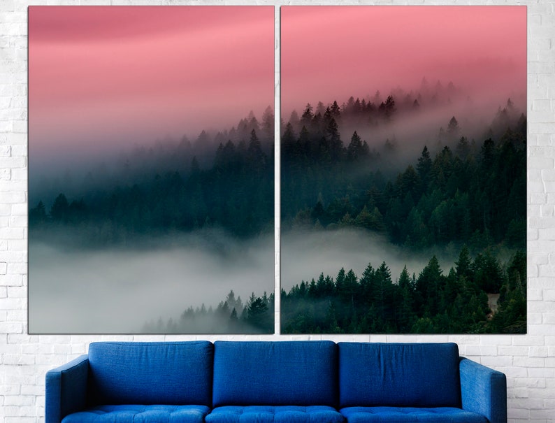 May include: A misty forest scene with a pink and purple sky at sunset. The trees are dark green and the fog is white. The image is split into two parts.