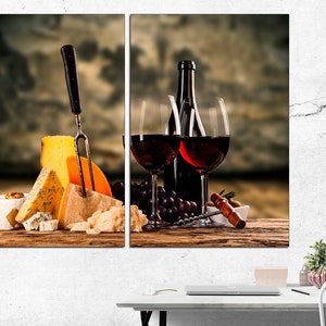 Wine And Cheese Dining Room Canvas Wine Art Decor Kitchen Wall Decor Cheese Art Print Wine Lover Gift 2 Panel