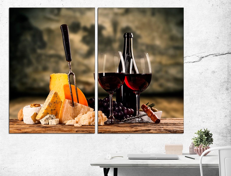 Wine And Cheese Dining Room Canvas Wine Art Decor Kitchen Wall Decor Cheese Art Print Wine Lover Gift 2 Panel