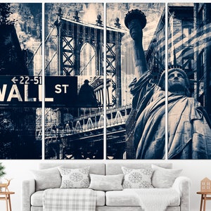 May include: A four-panel canvas print featuring iconic New York City landmarks. The artwork includes the Statue of Liberty, the Manhattan Bridge, and a street sign reading "Wall St." in a monochromatic color scheme.