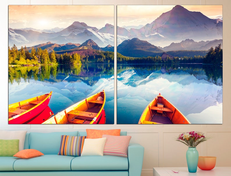 Boat Art Canvas Mountain Lake Mountain Landscape Lake Canvas Art ...