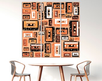 May include: A tri-panel wall art print featuring a retro design of vintage cassette tapes in shades of orange, brown, and black on a light orange background.