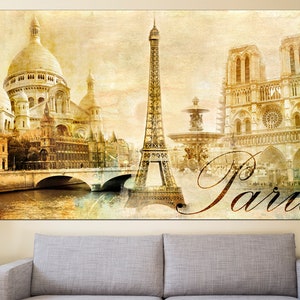 May include: A vintage-style illustration of iconic Parisian landmarks, including the Eiffel Tower, Sacr&eacute;-C&oelig;ur Basilica, and Notre Dame Cathedral. The image is in shades of beige and brown with the word "Paris" written in a stylized font.